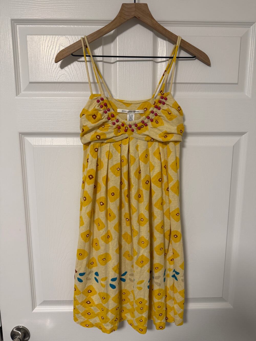 Diane von Furstenberg Yellow Beaded Linen Silk Spaghetti Strap Dress Size 4